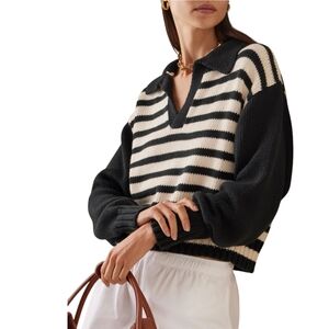 ciao Lucia 💯% Cotton Striped Black and White V Neck Polo Pullover Sweater S